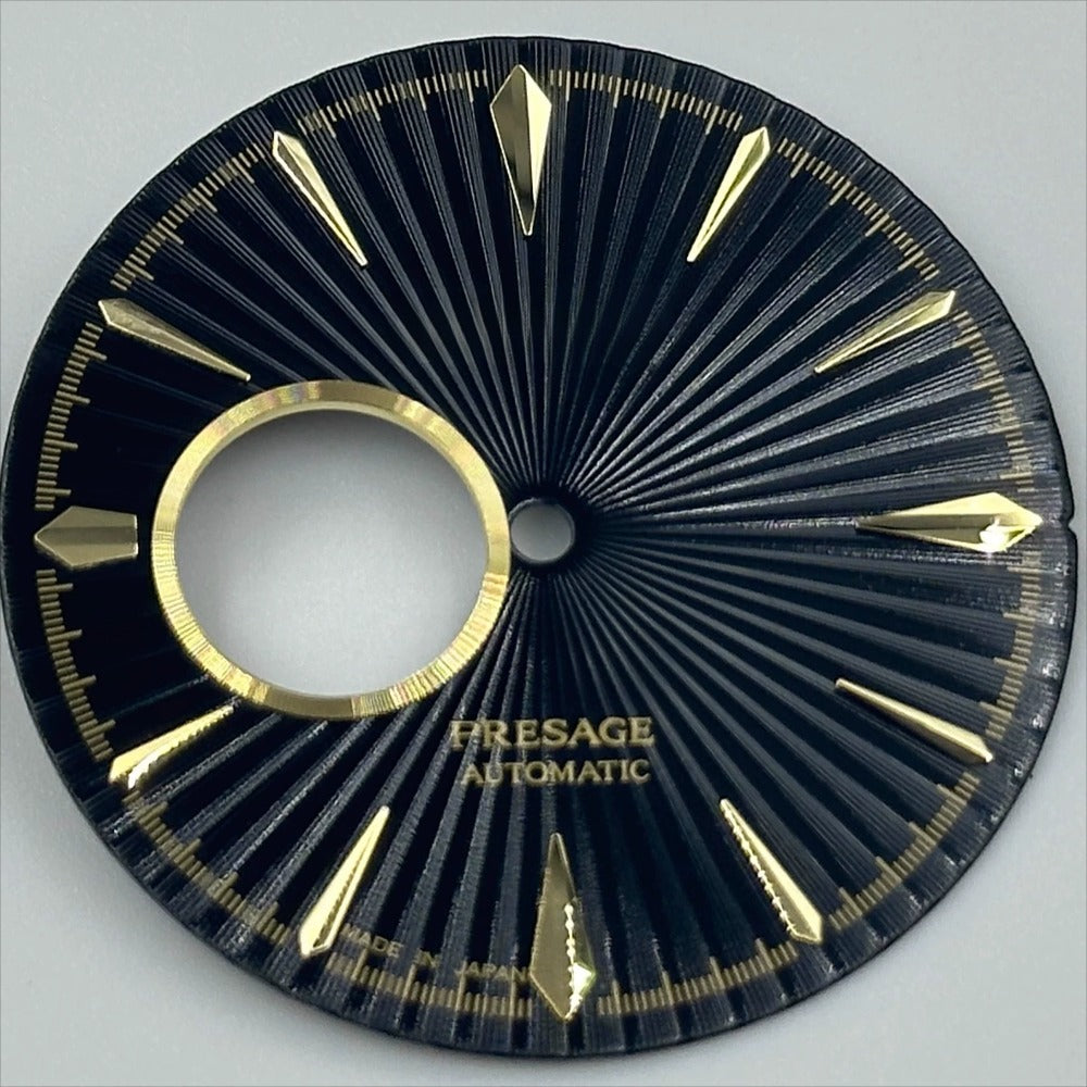 Golden 35mm cocktail-style watch dial with black no-lume markers, designed for NH39 movement.