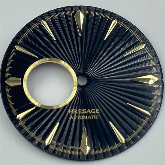 Golden 35mm cocktail-style watch dial with black no-lume markers, designed for NH39 movement.