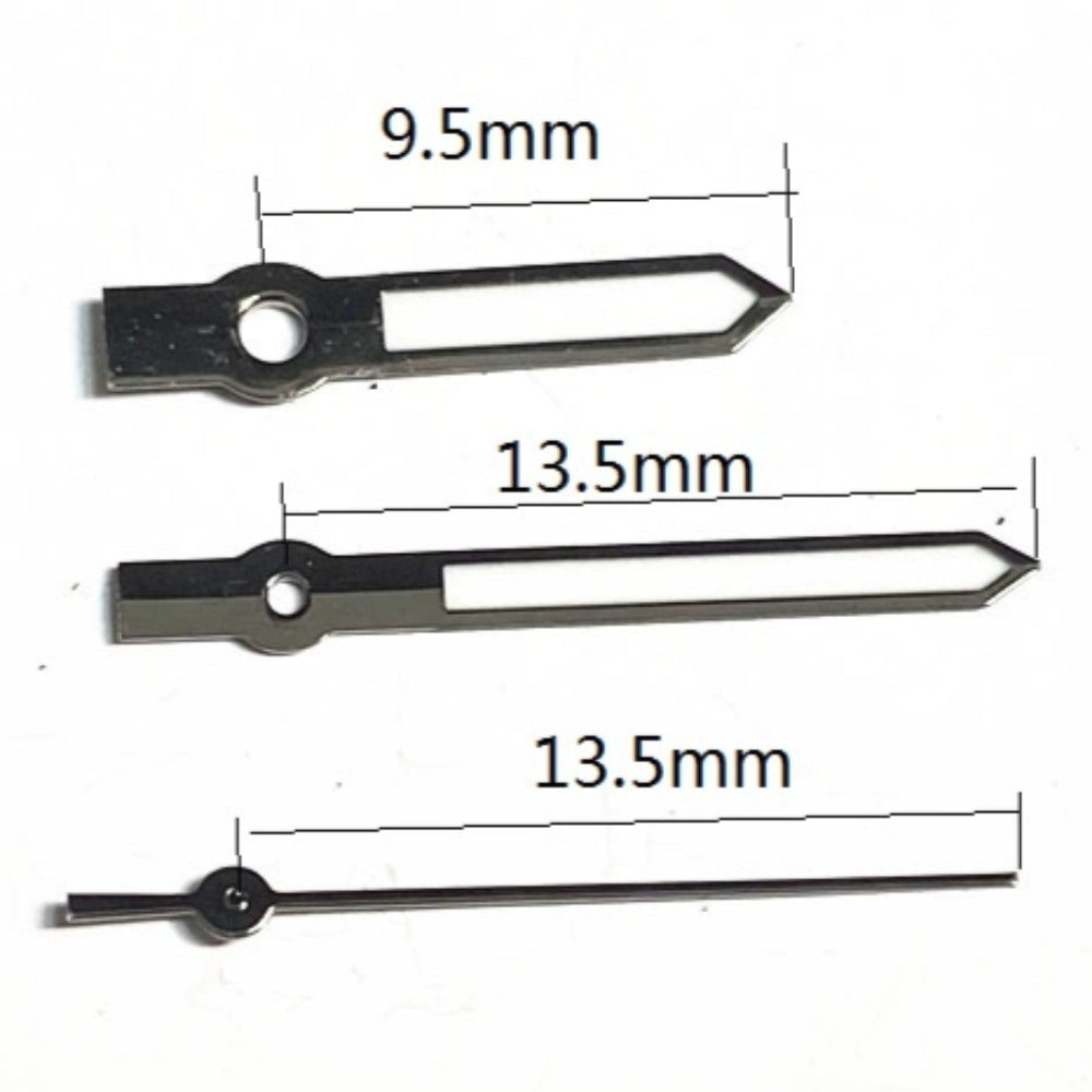 13.5mm black trim green lume watch hands for Miyota 2035 quartz movement.