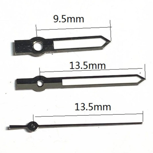 13.5mm black trim green lume watch hands for Miyota 2035 quartz movement.
