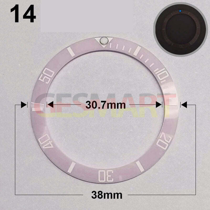 38mm pink ceramic watch bezel with green luminous font, silver ring - perfect for watch repairs and upgrades.