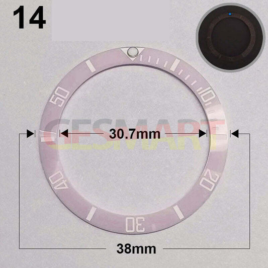 38mm pink ceramic watch bezel with green luminous font, silver ring - perfect for watch repairs and upgrades.