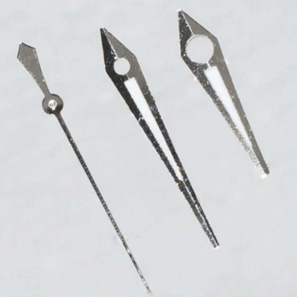 Silver luminous arrow-shaped watch hands, compatible with ETA2836, 2824, 2892A2, enhancing readability.