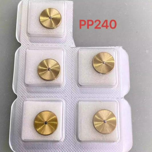 Golden Complete Barrel with New Mainspring for PP240 watch accessories, durable replacement part.