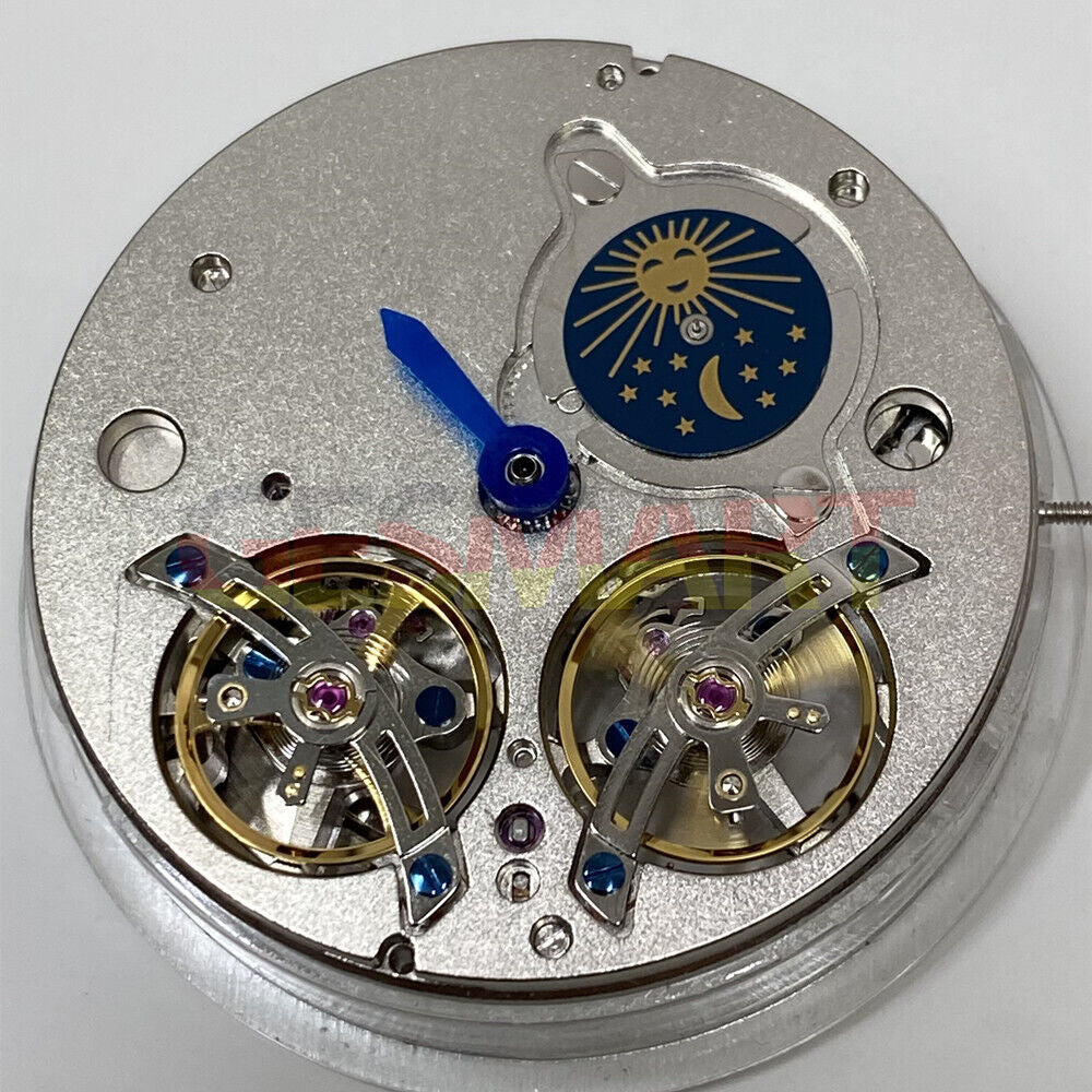 China Made automatic watch with mechanical movement, double balance wheel, and moon phase at 2 o?clock, elegant design.