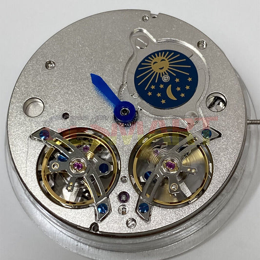 China Made automatic watch with mechanical movement, double balance wheel, and moon phase at 2 o?clock, elegant design.