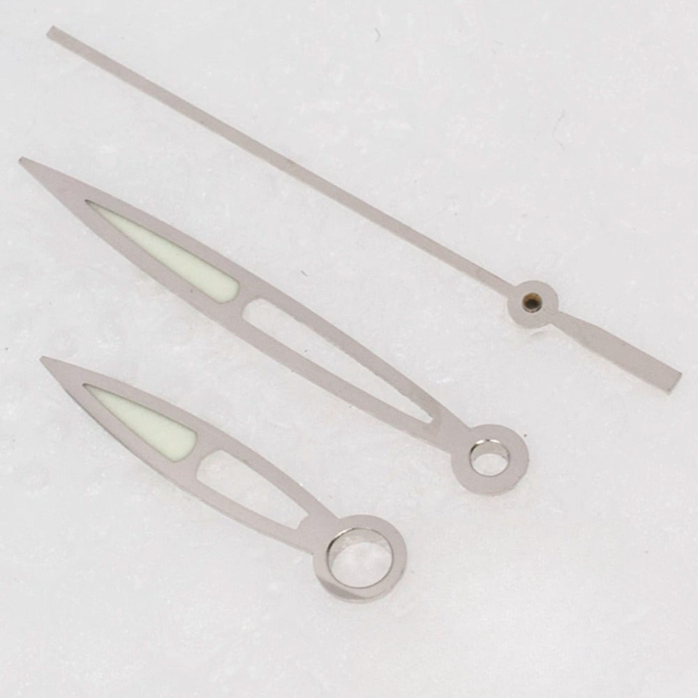Modified silver lume watch hands for ETA2836, 2824, 2892A2 movements, enhancing visibility with luminous tips.