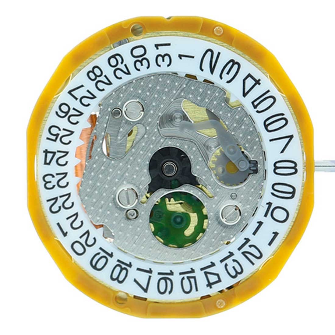 Miyota 9T15 Japan Quartz Movement watch mechanism showing date at 3, precision engineered Japanese brand.