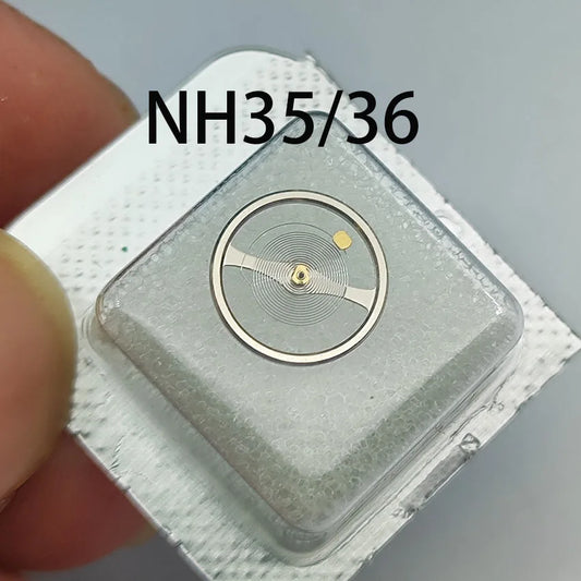 Silver complete balance wheel for NH35, NH36, NH38, NH39 watch movements, compatible generic part.