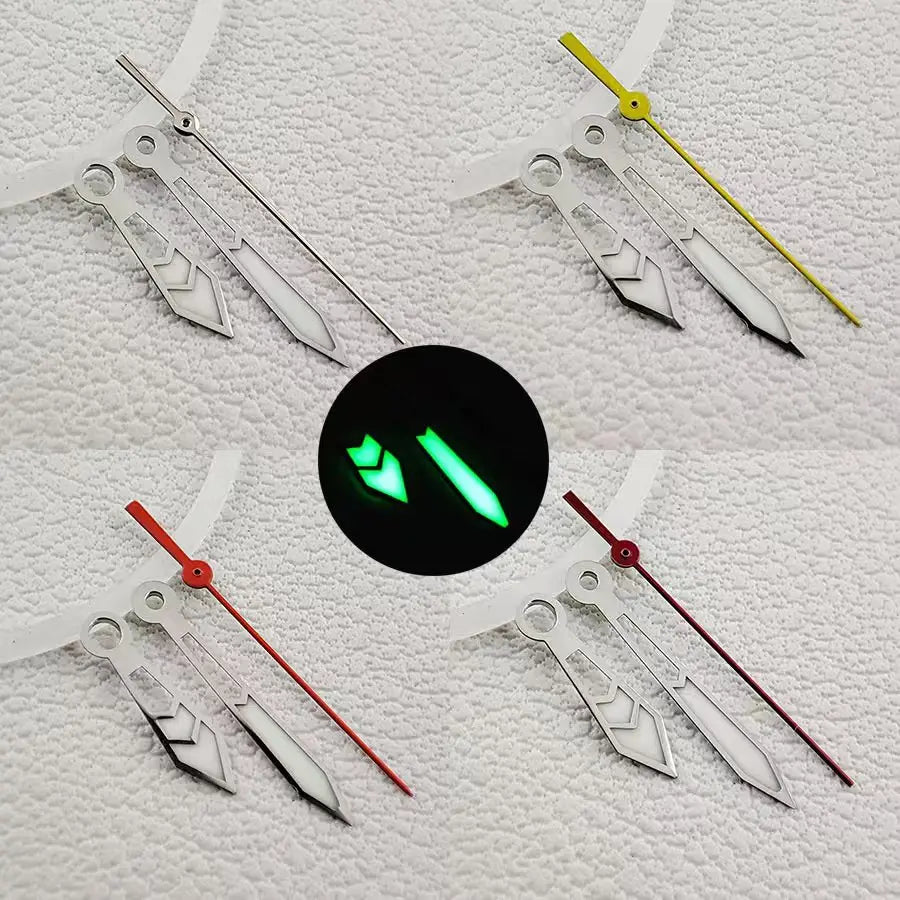 Green luminous hollow watch hands by C3 for NH35, NH36, 4R movements, 15mm precision fit.