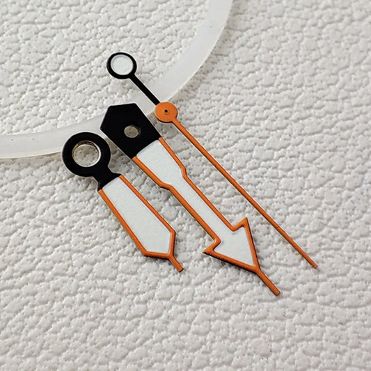 Arrow-shaped orange trim watch hands with green lume, compatible with NH35 NH36 movement.