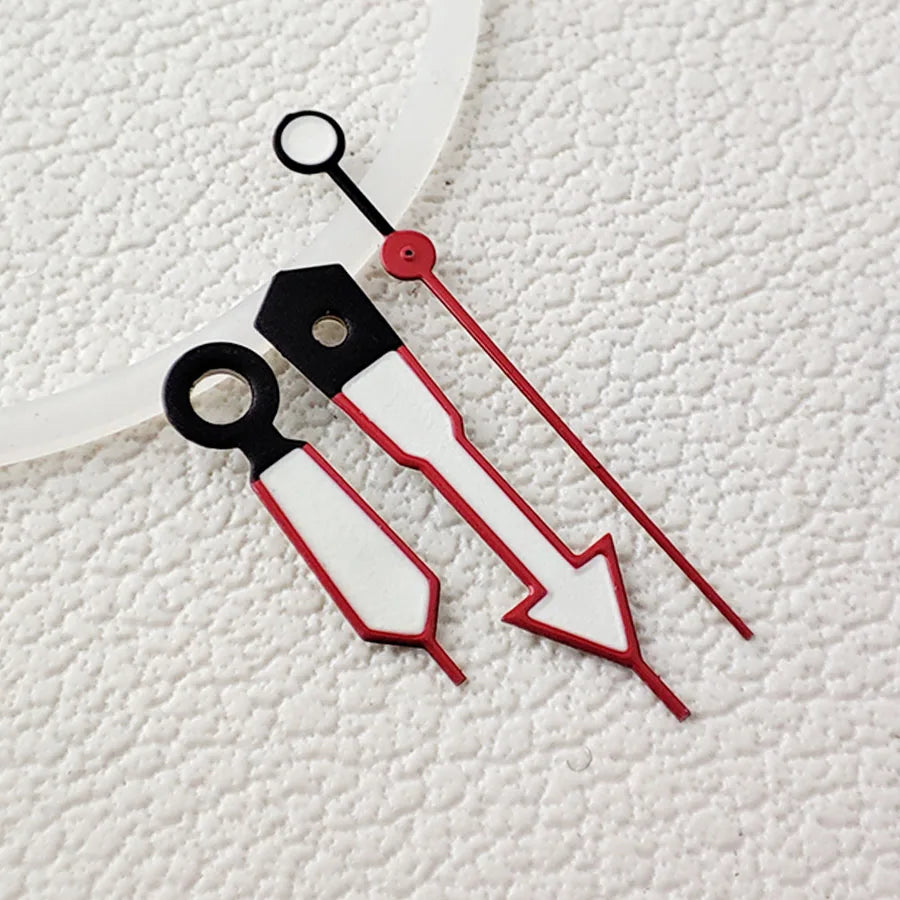 Arrow-shaped red trim watch hands with green lume, compatible with NH35 NH36 movement.