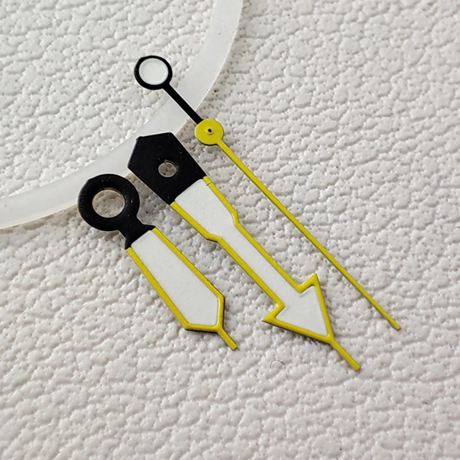 Arrow-shaped yellow trim green lume watch hands, compatible with NH35 NH36 movements, for precise timekeeping.