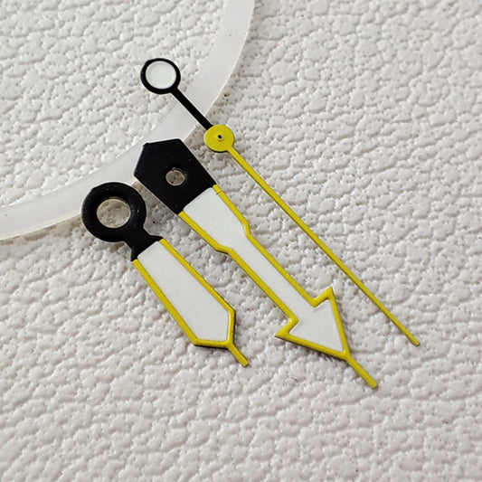 Arrow-shaped yellow trim green lume watch hands, compatible with NH35 NH36 movements, for precise timekeeping.