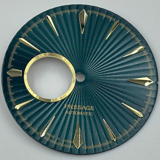 Golden 35mm Cocktail-style watch dial with green accents, no lume, for NH39 movement.