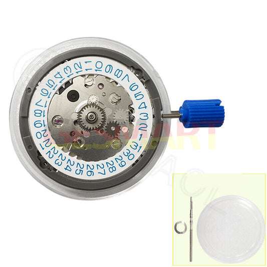NH34 Automatic GMT watch movement with hacking seconds, sky blue font, and white date disk.