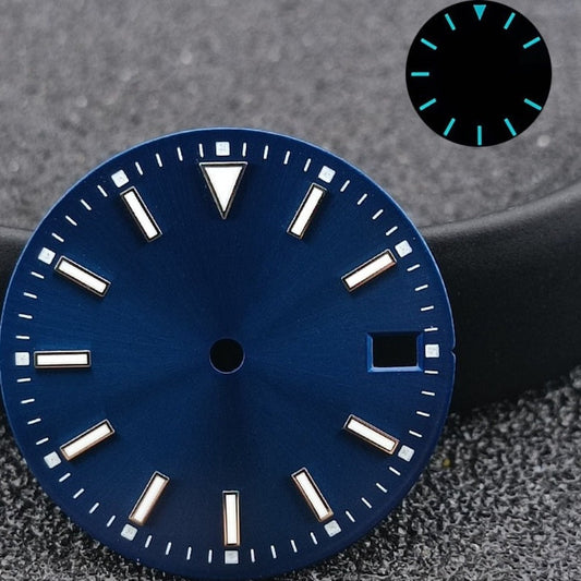 Blue luminous 28.5mm watch dial with calendar, silver metal markers for NH35 movement
