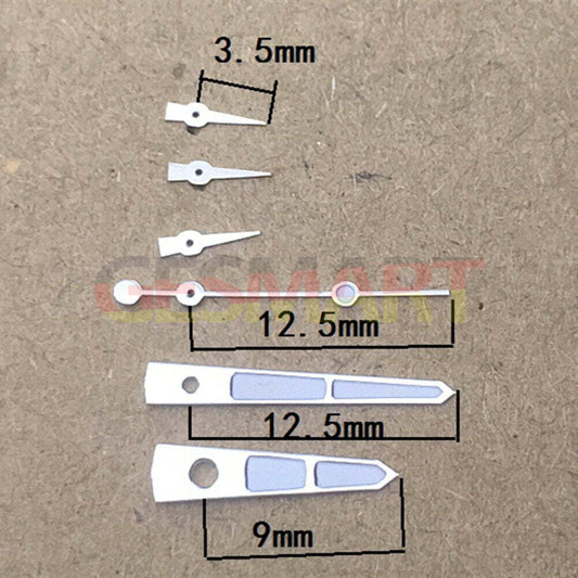 Green luminous watch hands with silver trim, 12.5mm for ISA 9232 quartz movement.