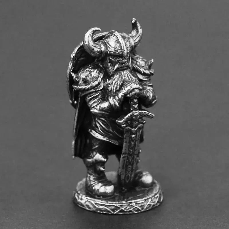 Viking Swordsman bronze figurine with silver and copper finish, vintage hand-carved collectible accessory.