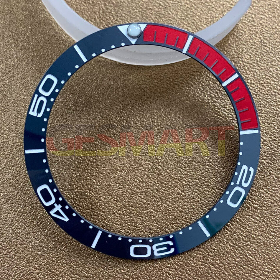 Red and dark blue ceramic bezel insert for 38mm watch, durable watch part.