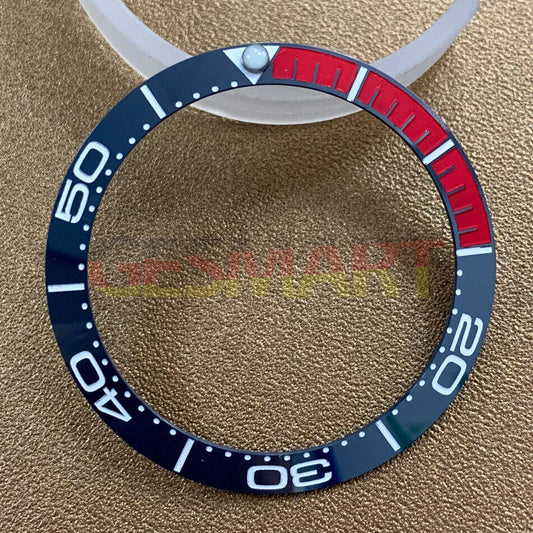 Red and dark blue ceramic bezel insert for 38mm watch, durable watch part.