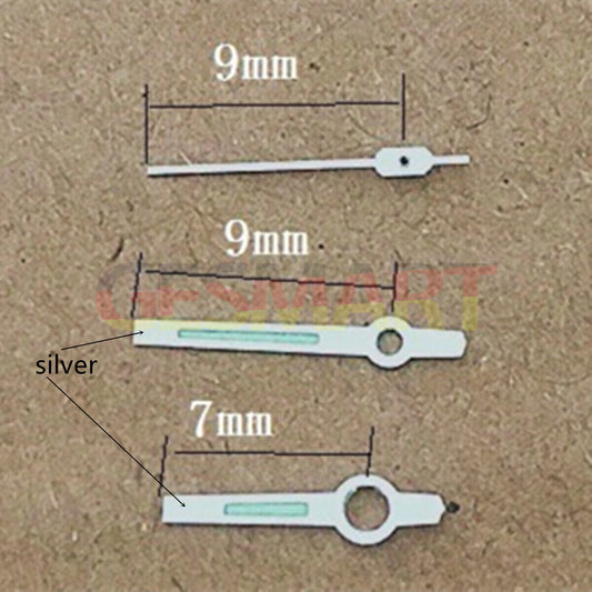 Silver trimmed green luminous 9mm watch hands for Orient 46941 46943 movement, precise fit and glow.