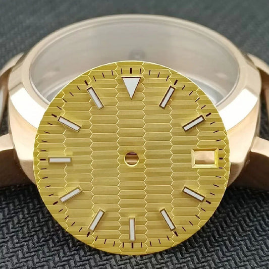 28.5mm rose gold Datejust watch dial with yellow accents, compatible with NH35 NH36 movements.