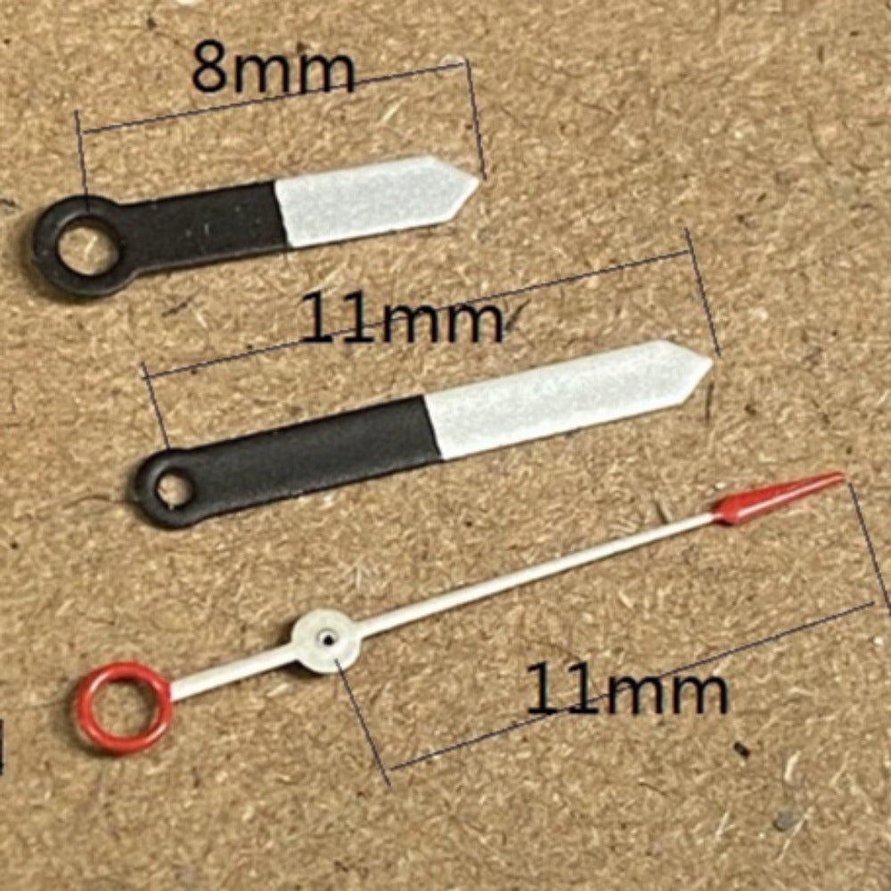 11mm black and white painted trim arrow watch hands for Ronda 515 quartz movement, no lume.