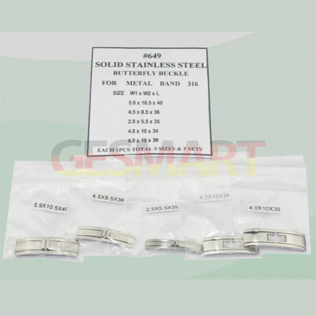 Set of 5 solid 316 stainless steel butterfly buckles in 5 sizes, ideal for metal watch bands.