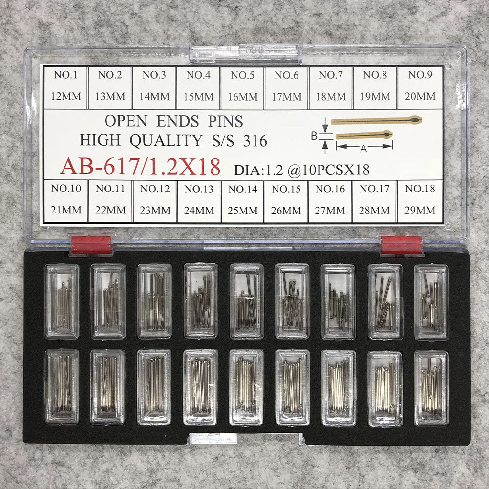 Stainless steel open end pins kit, sizes 12-29mm, 180pcs box, durable watch accessory.
