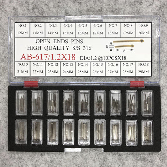 Stainless steel open end pins kit, sizes 12-29mm, 180pcs box, durable watch accessory.