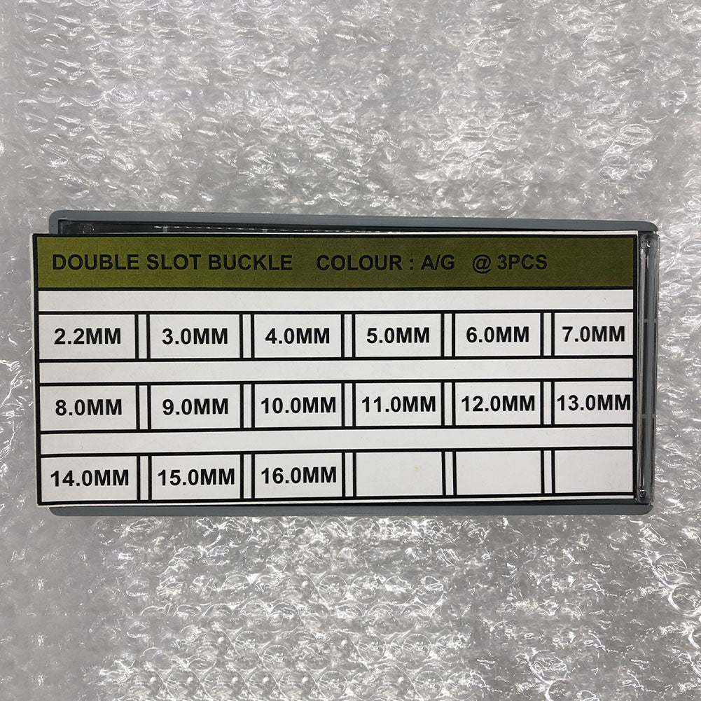Double slot clip buckle in 15 sizes for metal watch bands, compatible with 2.2-16mm straps, brand included.