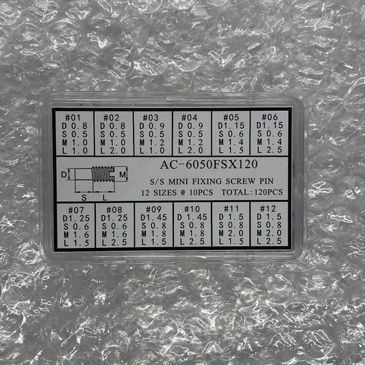 AC-6050FSX120 stainless steel mini fixing screw pins, 12 sizes, 120pcs box for watch accessory repairs