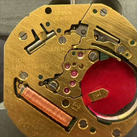 Miyota OR15 quartz watch movement with date at 6, Japan-made precision accessory.