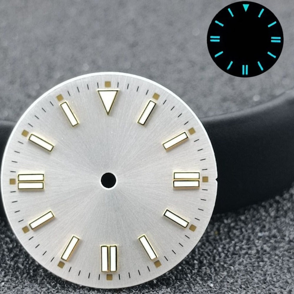 28.5mm silver watch dial with blue luminous markers, metal silver nails for NH35/8215 ETA2836 movements.