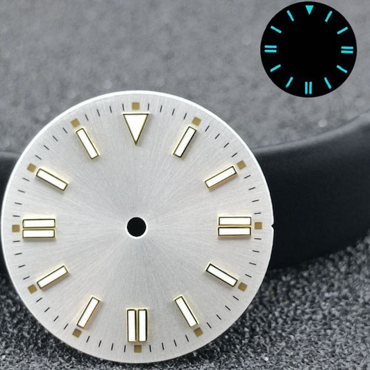 28.5mm silver watch dial with blue luminous markers, metal silver nails for NH35/8215 ETA2836 movements.