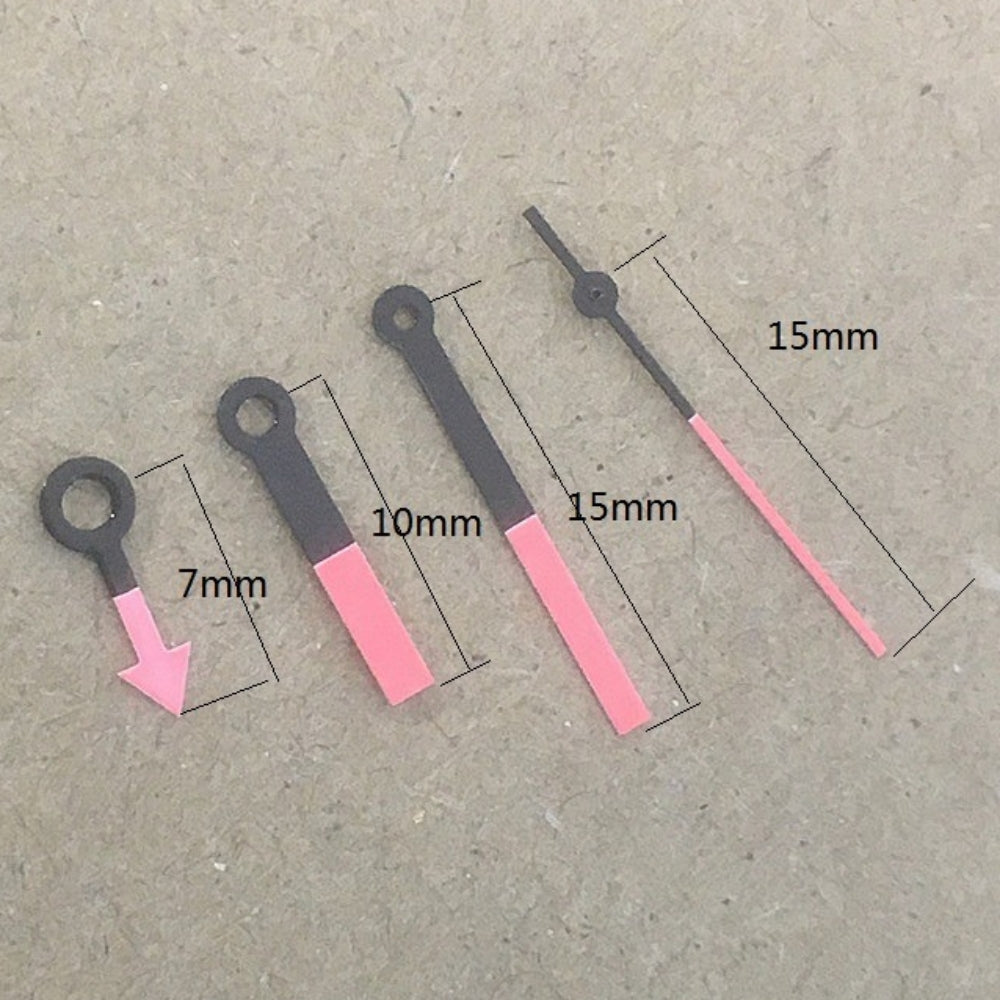 Black and pink 15mm square pointed watch hands set, compatible with Ronda 515 quartz, stylish upgrade.