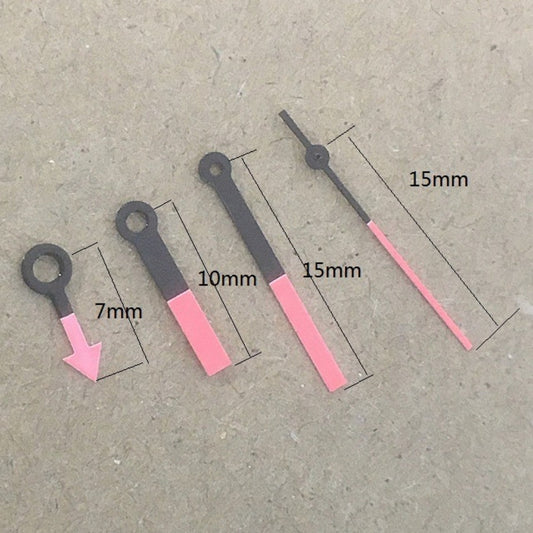 Black and pink 15mm square pointed watch hands set, compatible with Ronda 515 quartz, stylish upgrade.
