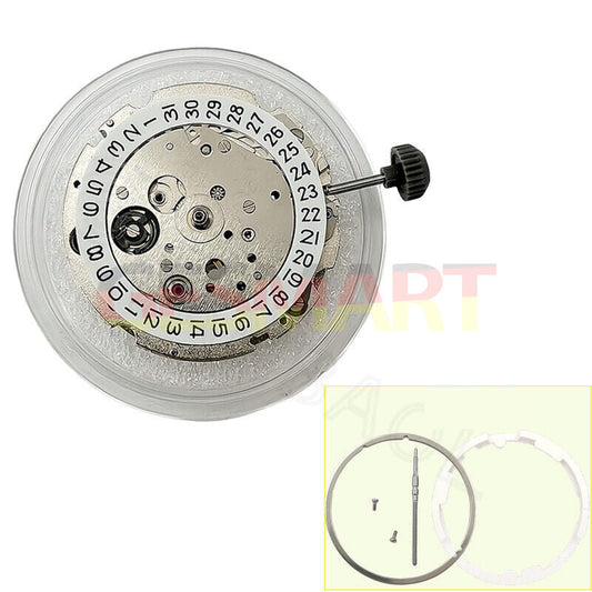 Silver plated Miyota/Citizen 8215 watch movement with date at 3, Japan automatic mechanical design