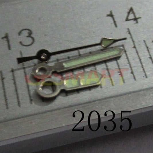 Silver trim green lume arrow watch hand for Miyota 2035, 2115, 2105, and 2305 movements.