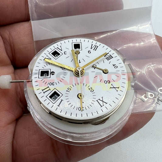Black dial chronograph watch with ETA 7750 movement, single calendar, sleek design.