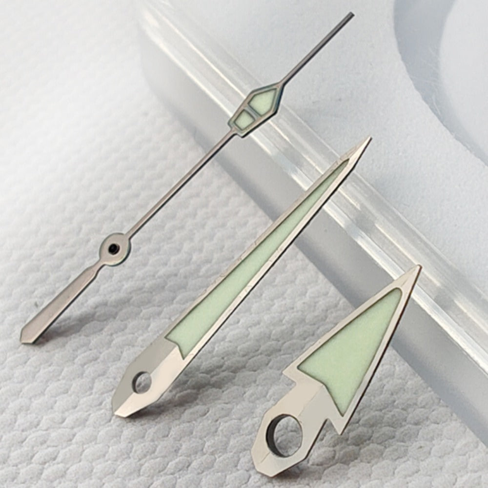 Silver-trimmed C3 green lume vintage watch hands compatible with NH34 series, enhancing visibility and style.