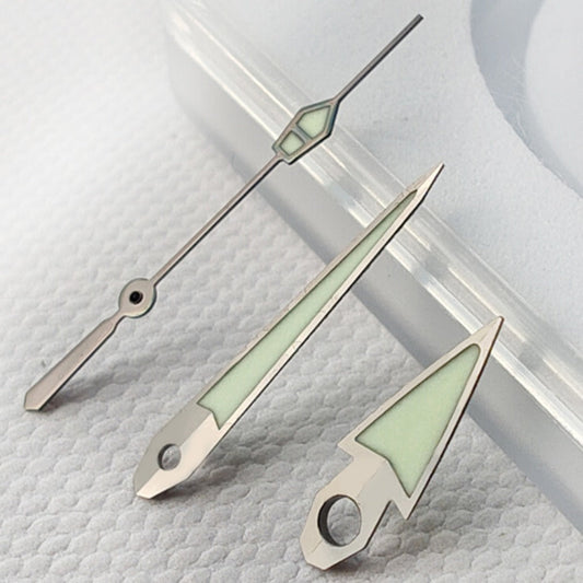 Silver-trimmed C3 green lume vintage watch hands compatible with NH34 series, enhancing visibility and style.