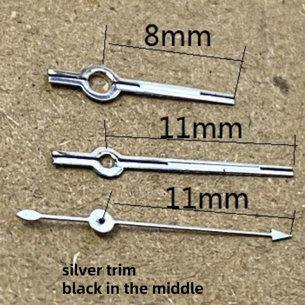 Silver trim watch hands 11x11x8mm for Seagull ST6 automatic mechanical movement, precise accessory.