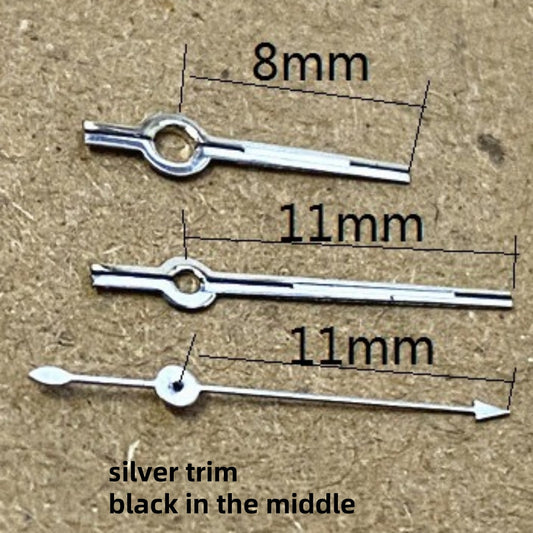 Silver trim watch hands 11x11x8mm for Seagull ST6 automatic mechanical movement, precise accessory.