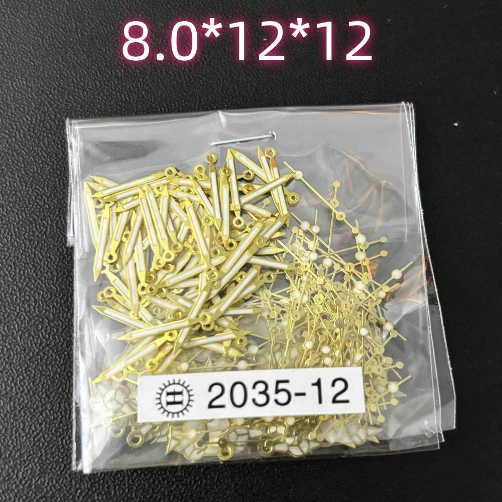 Set of 100 golden trim green lume watch hands, 12mm, compatible with Miyota 2035, 2115, PC21 movements.