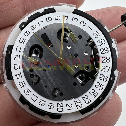 ETA G10.212 Swiss quartz movement with date and 3 hands for precise watch functionality.