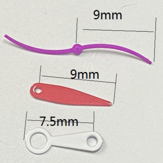 White and red watch hands for Miyota 2035 movement, stylish 9x9x7.5mm size