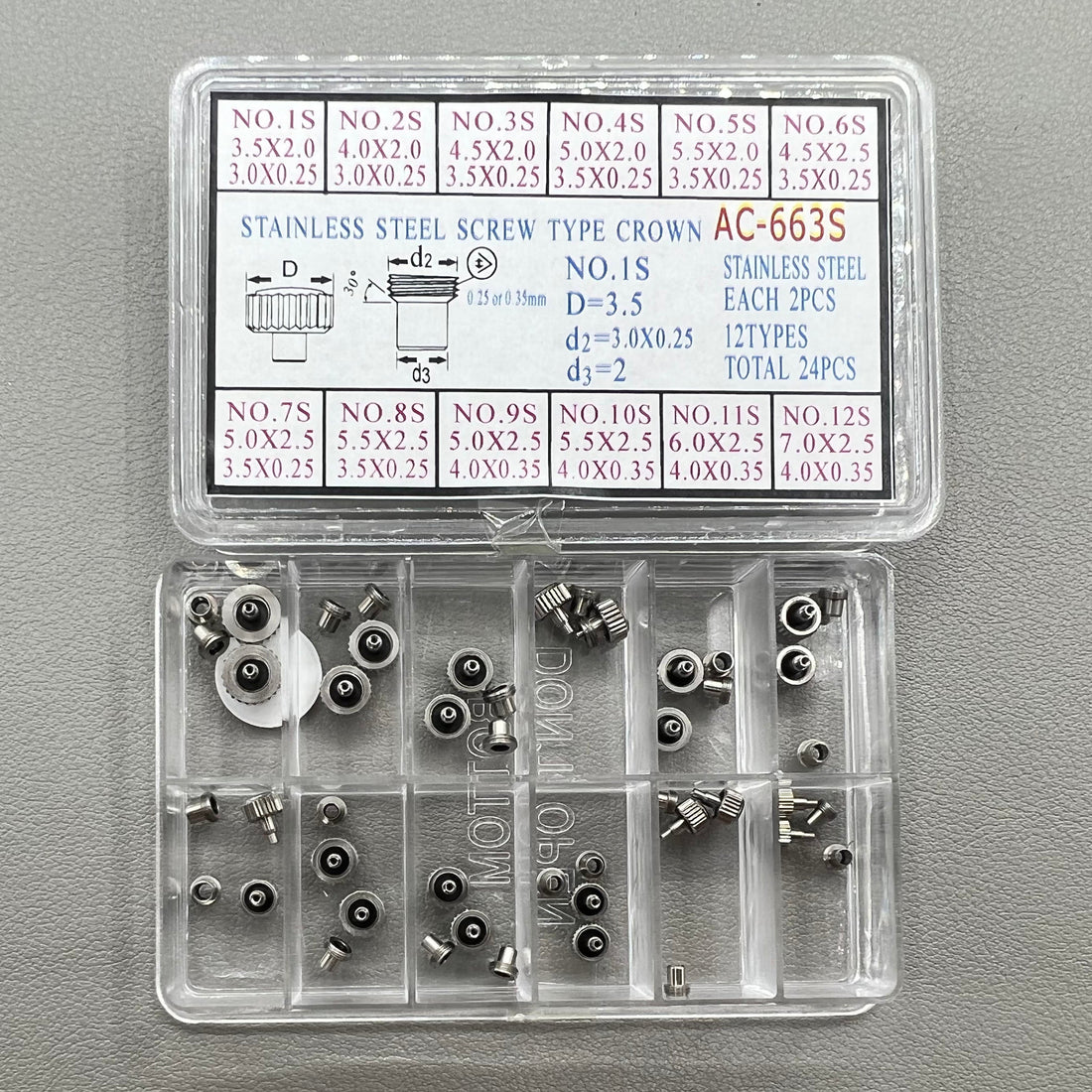 Set of 2 stainless steel screw crowns, 12 types, durable watch accessory for repairs and customization.