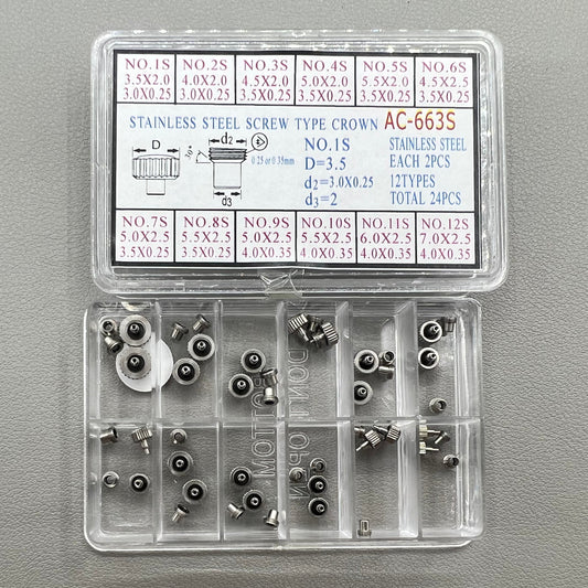 Set of 2 stainless steel screw crowns, 12 types, durable watch accessory for repairs and customization.